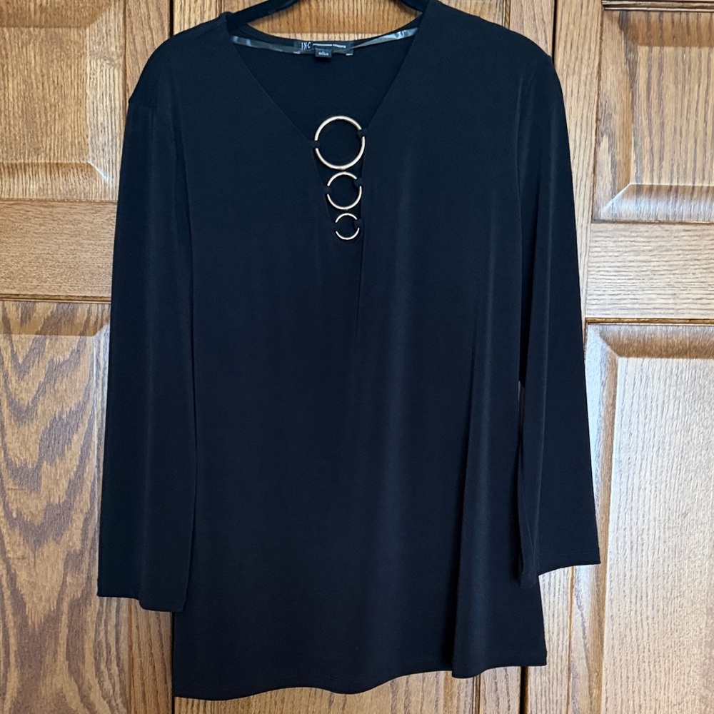 INC International Concepts Black Blouse with Gold Ring Accents